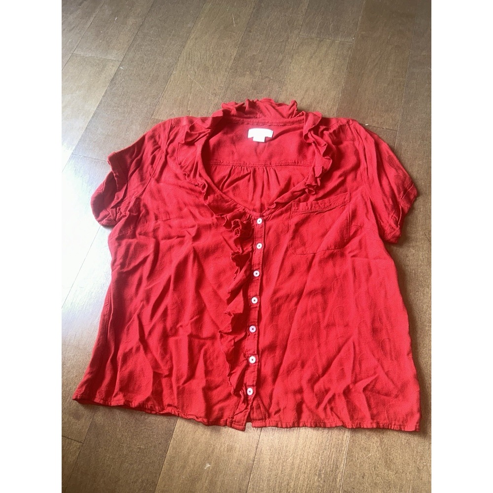 Anthropologie Maeve Red Ruffle Blouse Sheer Romantic Top Button Down